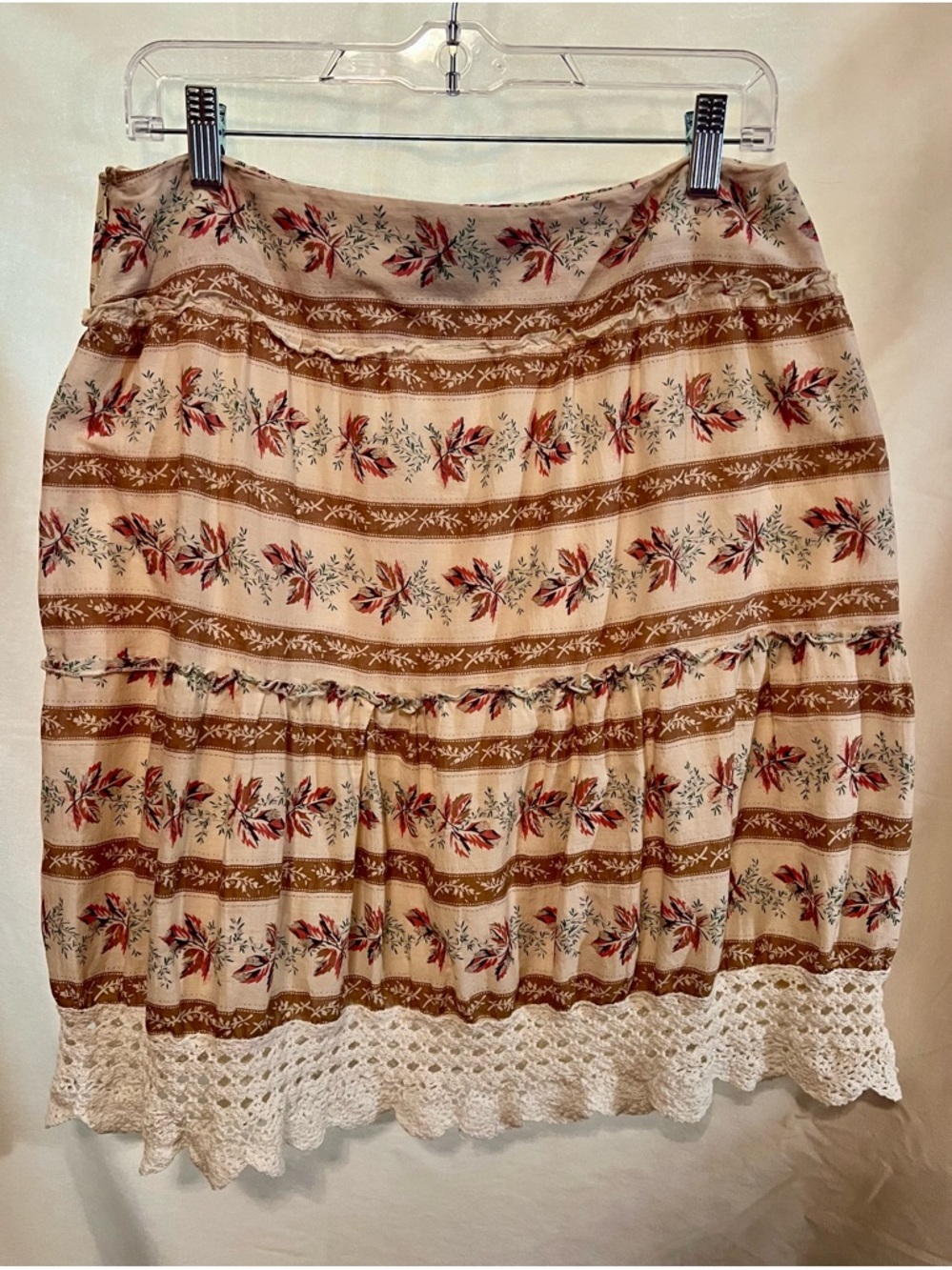 Angie Boho Cream Floral Tiered Skirt with Crochet Hem